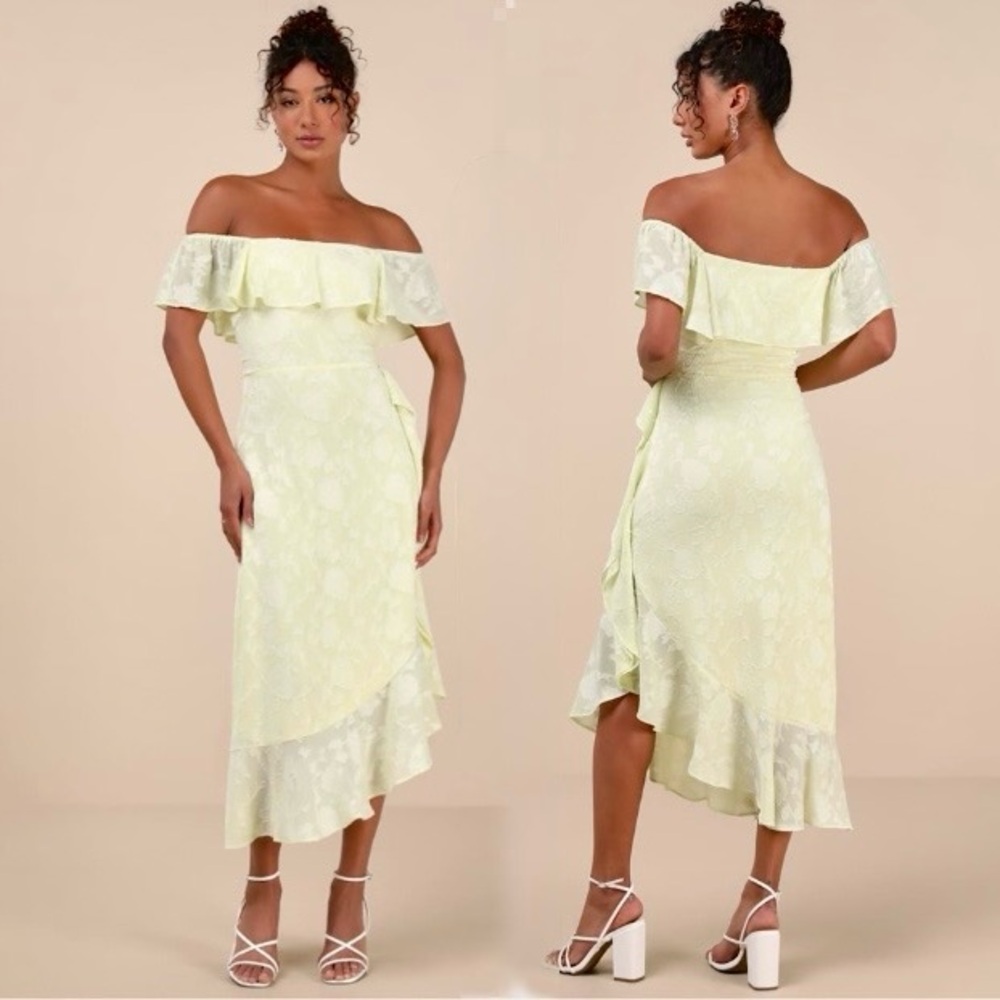 Lulus Pretty Perfect Yellow Burnout Floral Off-Shoulder Midi Dress, Size‎ L, NWT